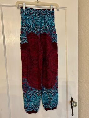 Boho Printed High-Waist Wide-Leg Pants in Burgundy & Teal
